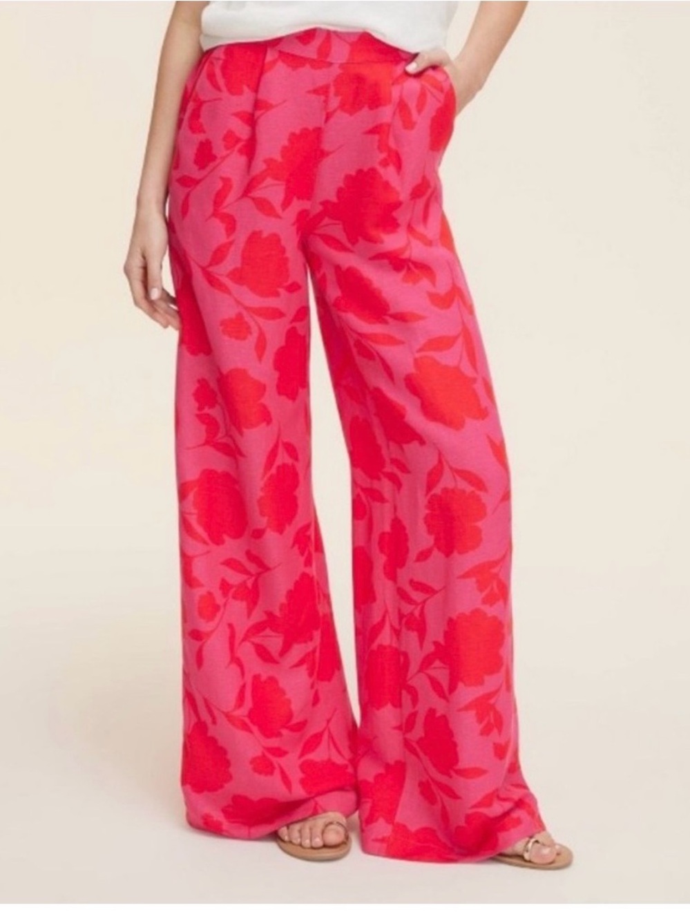 kate spade Pink Wide-Leg Floral Print Pants with Red Flowers